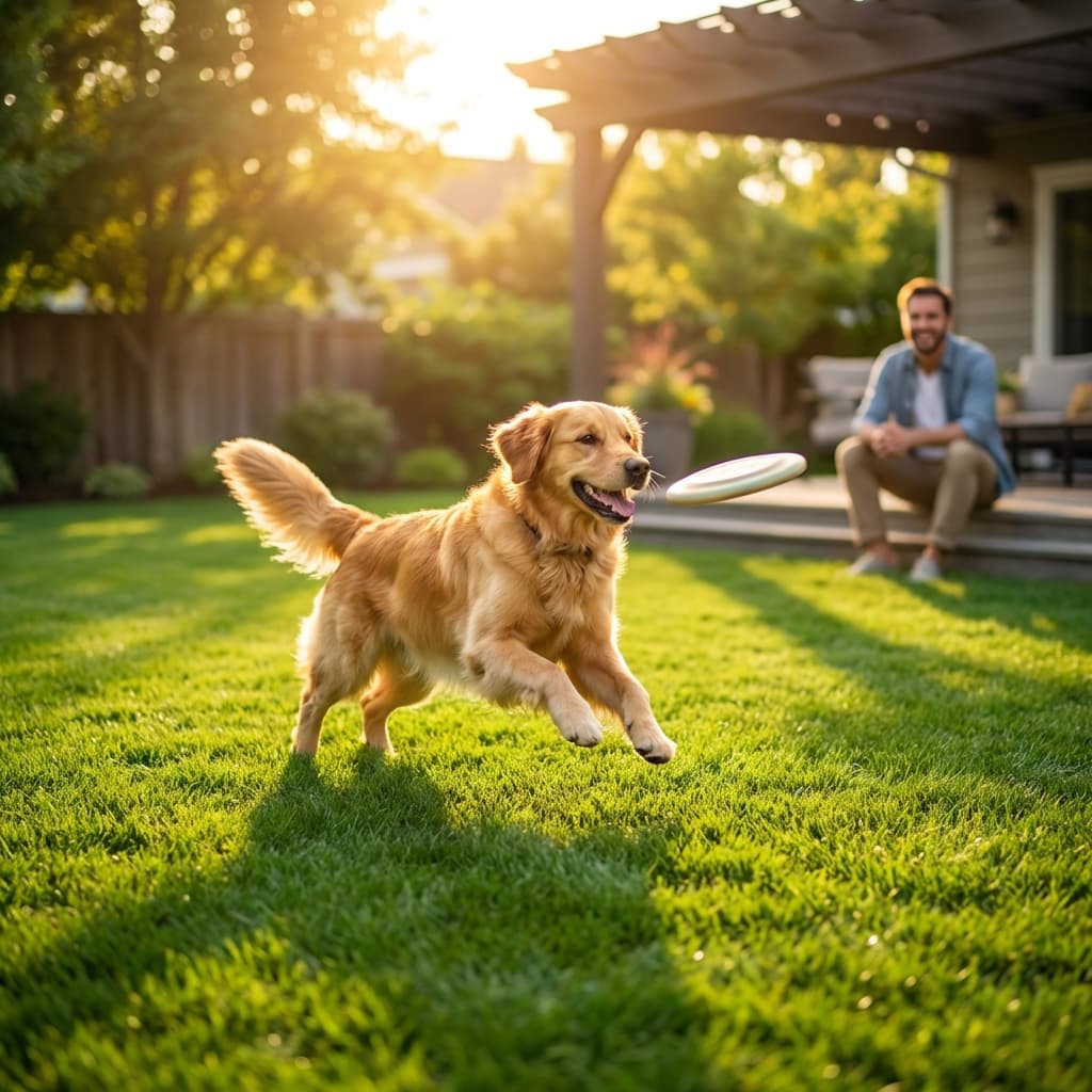Happy dog in clean yard